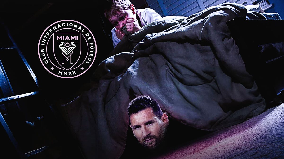 Lionel Messi as a monster next to a kids bed, the Inter Miami logo on the wall MLS