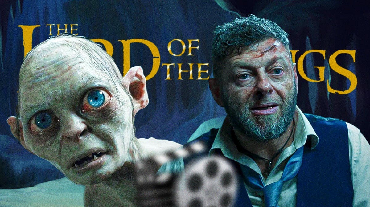 Gollum and Andy Serkis with The Lord of the Rings logo and cave background.