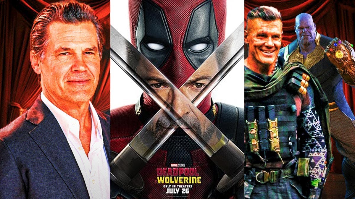 Josh Brolin with Deadpool 3 poster and as Cable and MCU Thanos.
