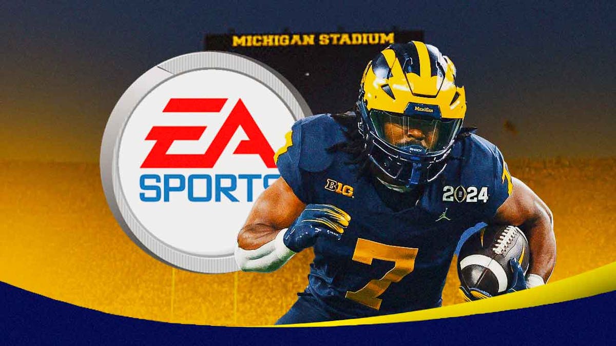 Michigan football, Wolverines, Donovan Edwards, NCAA 25, NCAA cover, Donovan Edwards and EA Sports logo in Michigan football stadium in the background
