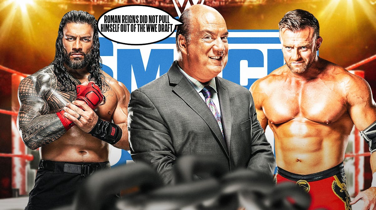 Paul Heyman with a text bubble reading " Roman Reigns did not pull himself out of the WWE Draft" with Roman Reigns on his left and Nick Aldis on his right with the SmackDown logo as the background.