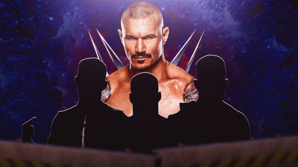 Randy Orton is surrounded by the blacked-out silhouettes of Grayson Waller, Austin Theory, and Bron Breakker with the WWE logo as the background.