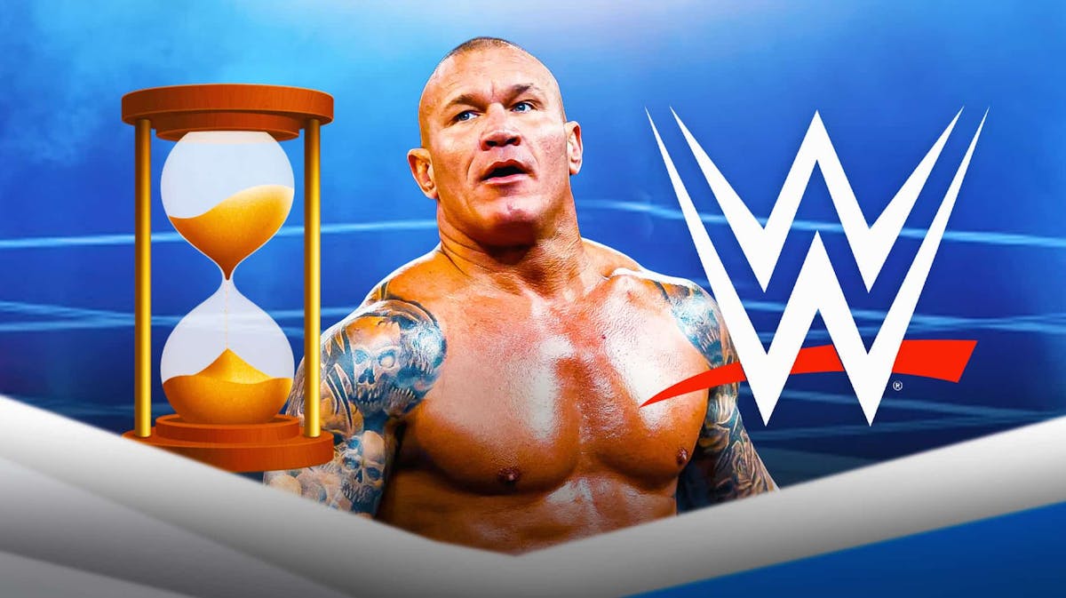 Randy Orton next to a clock with the WWE logo as the background.