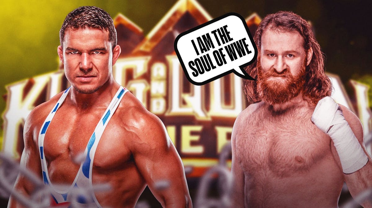 Sami Zayn with a text bubble reading "I am the soul of WWE" nxt to Chad Gable with the 2024 King and Queen of the Ring logo as the background.