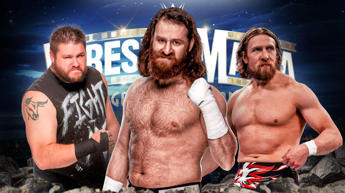 Sami Zayn with Daniel Bryan on his left and Kevin Owens on his right with the WrestleMania 39 logo as the background.