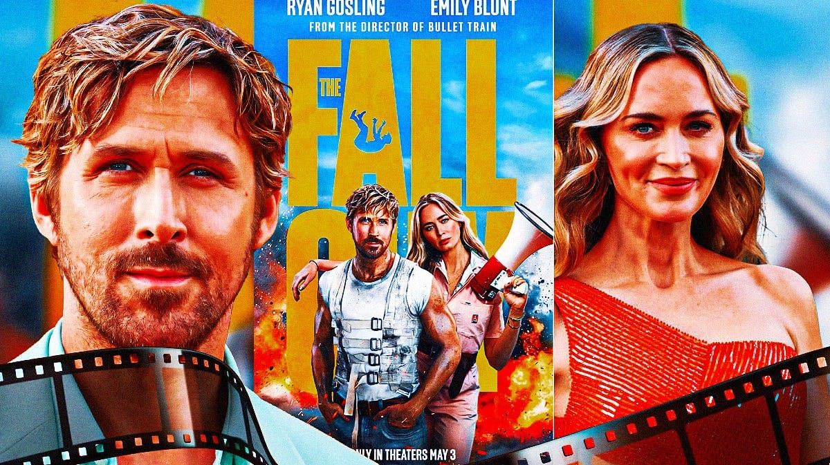 Ryan Gosling and Emily Blunt with The Fall Guy poster.