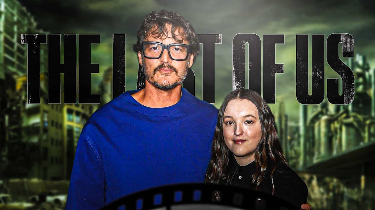 The Last of Us Season 2 stars Pedro Pascal and Bella Ramsey with logo and background.