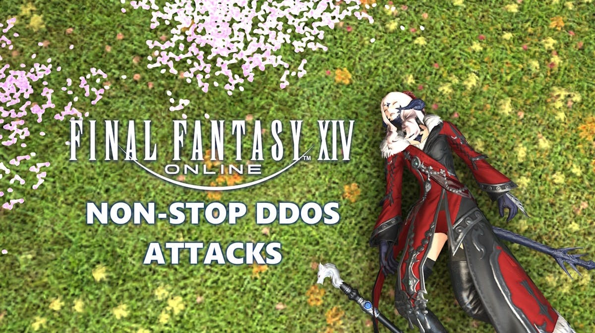 ffxiv ddos, ffxiv ddos attack, ffxiv, a screenshot from ffxiv of a character on the ground with the game logo to the left and the words non-stop ddos attacks under it