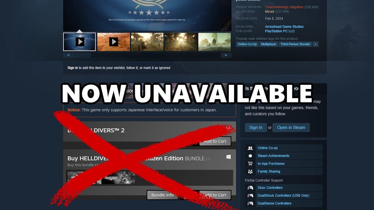 helldivers 2 steam, helldivers 2 removed, helldivers 2 psn, helldivers 2 removed steam, helldivers 2, an image of the helldivers 2 storefront with the purchase buttons grayed out and a huge red X over it with the words now unavaiable on it