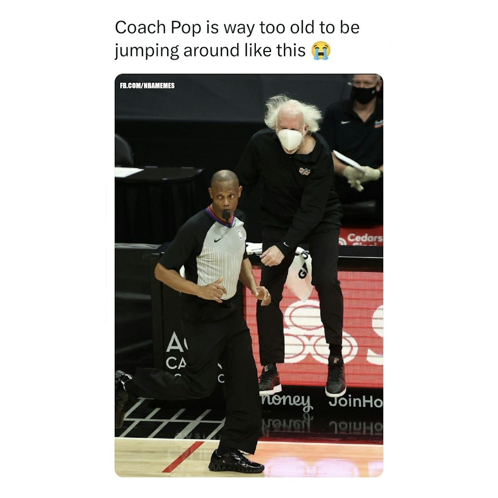 Coach Pop feels as young as ever 😂

#Spurs #GreggPop #GreggPopovich #nbamemes