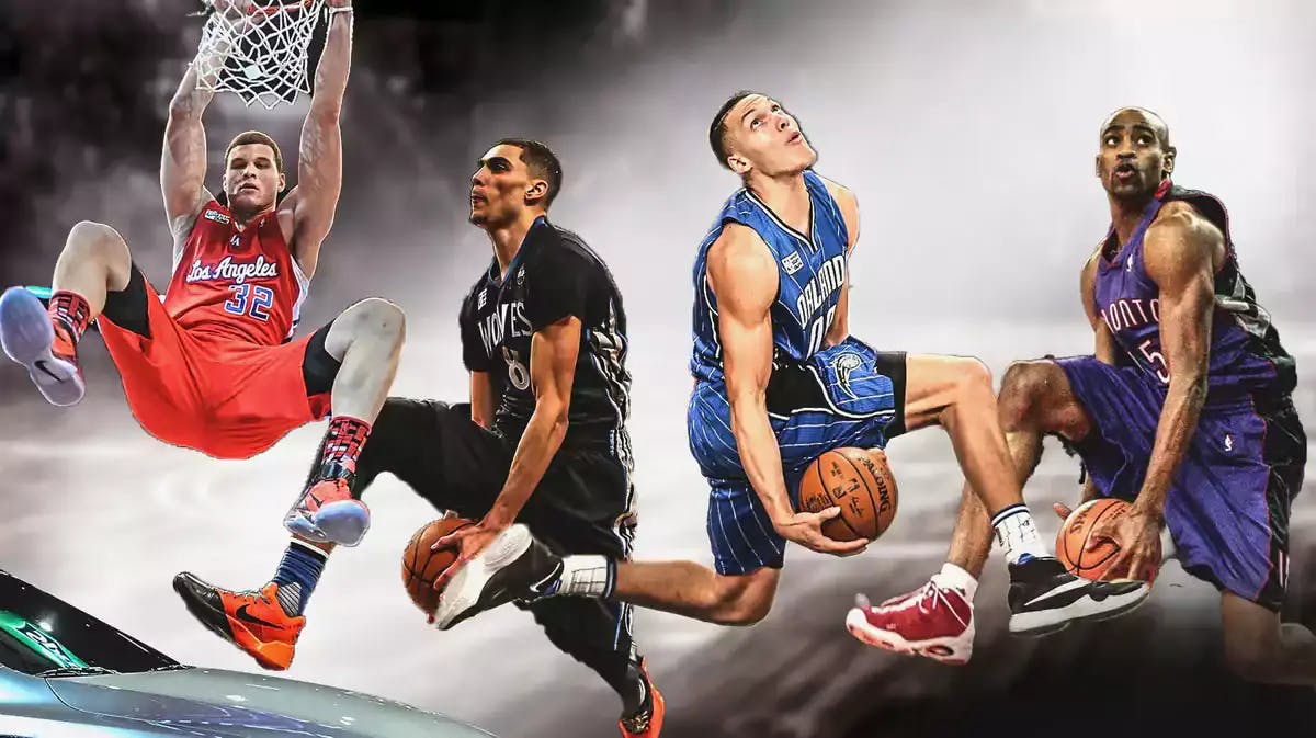 Zach LaVine and Aaron Gordon (2016 dunk contest), Vince Carter mid-air between the legs (2000 dunk contest), Blake Griffin hanging in the rim above a car (2011 dunk contest)