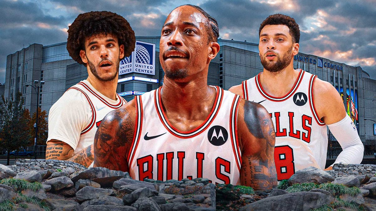 Bulls, Chicago, Bulls predictions, Bulls 2023-24 predictions, Ayo Dosunmu, DeMar DeRozan, Lonzo Ball and Zach LaVine all in Bulls unis with Bulls arena in the background