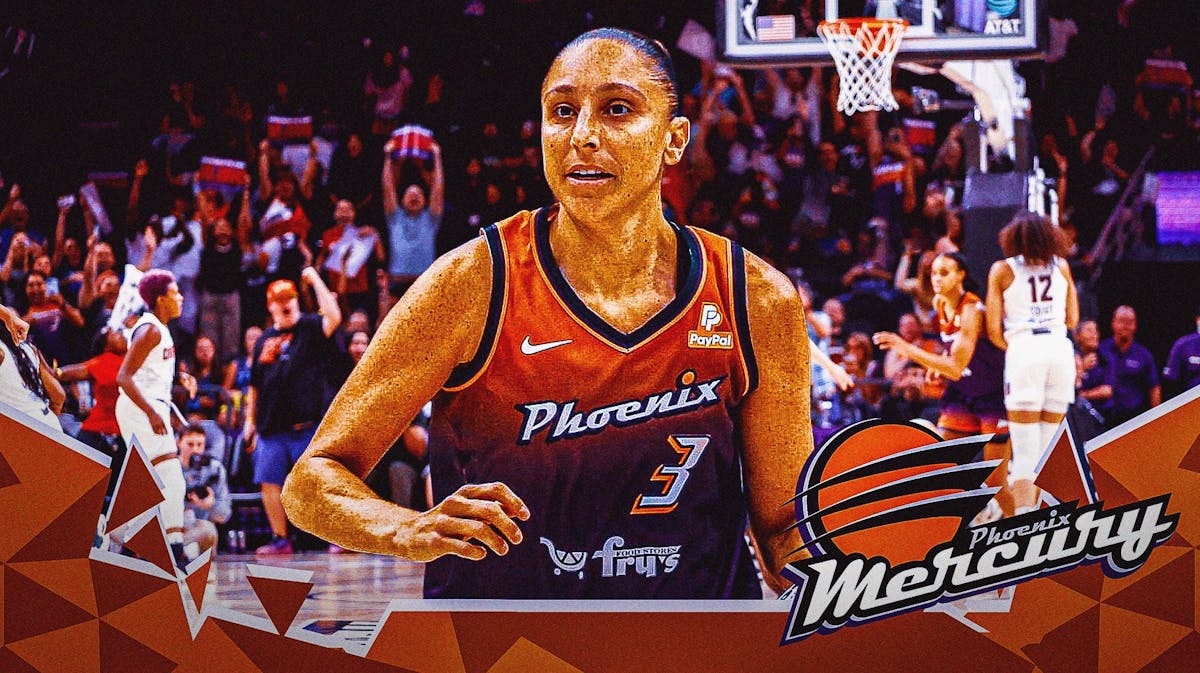 Diana Taurasi with the Mercury logo in the background, Nate Tibbetts