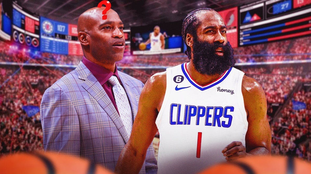 Vince Carter with question marks above his head. James Harden in Clippers jersey
