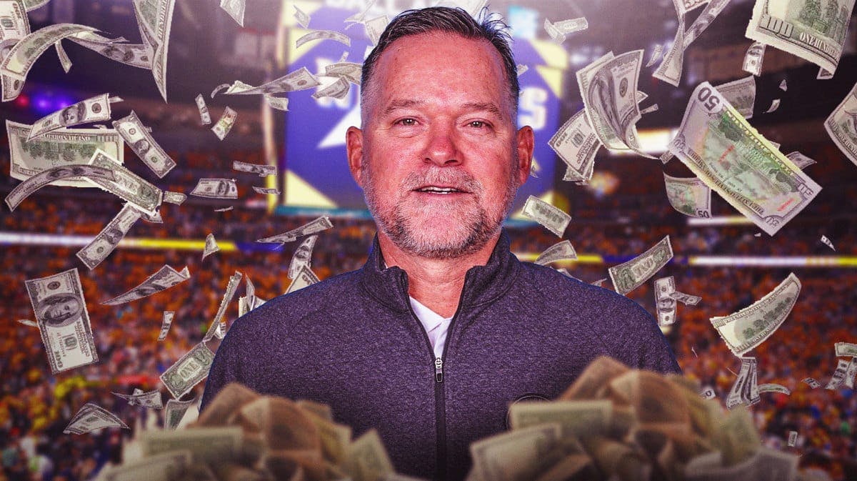 Denver Nuggets coach Michael Malone surrounded by piles of cash.