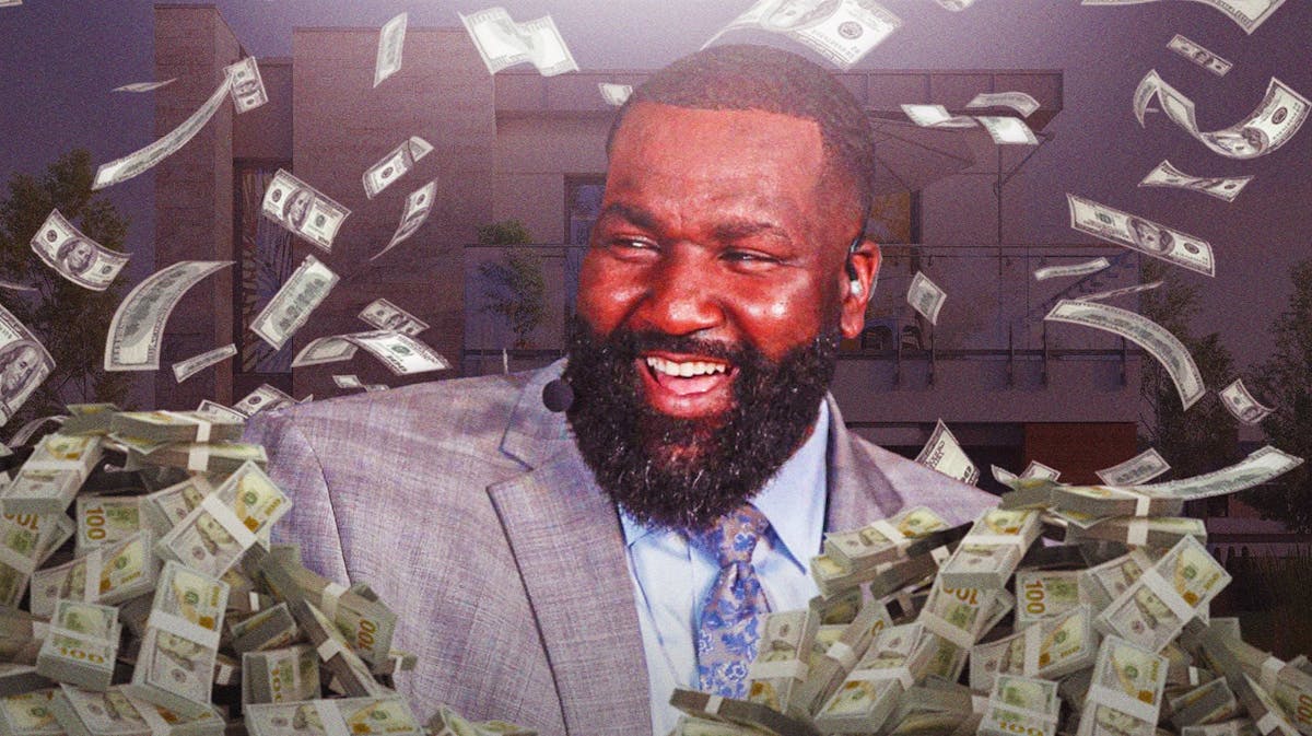 Kendrick Perkins surrounded by piles of cash.