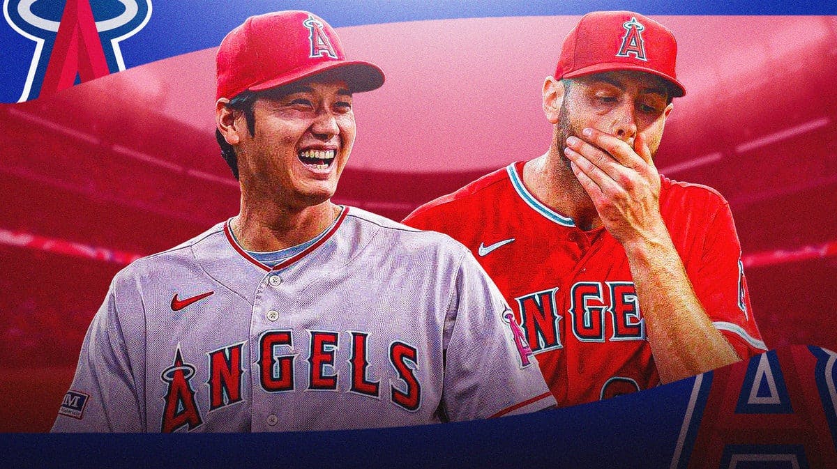 Lucas Giolito, Shohei Ohtani both laughing in Angels jerseys