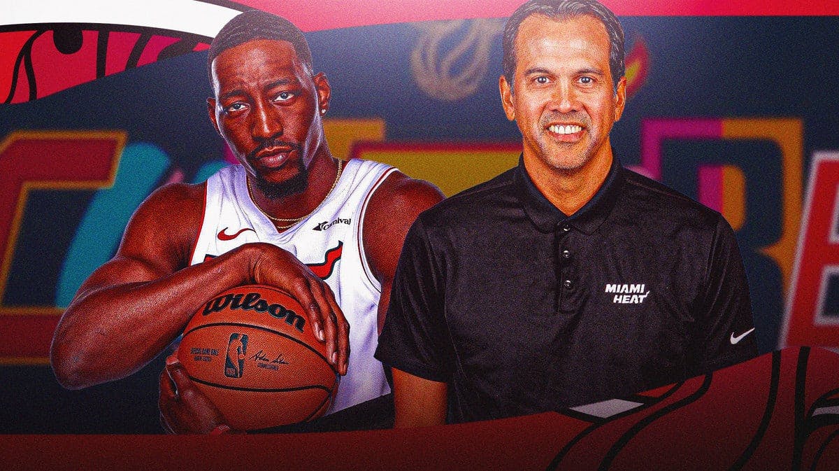 Miami Heat's Bam Adebayo and Erik Spoelstra in front of the team's logos.