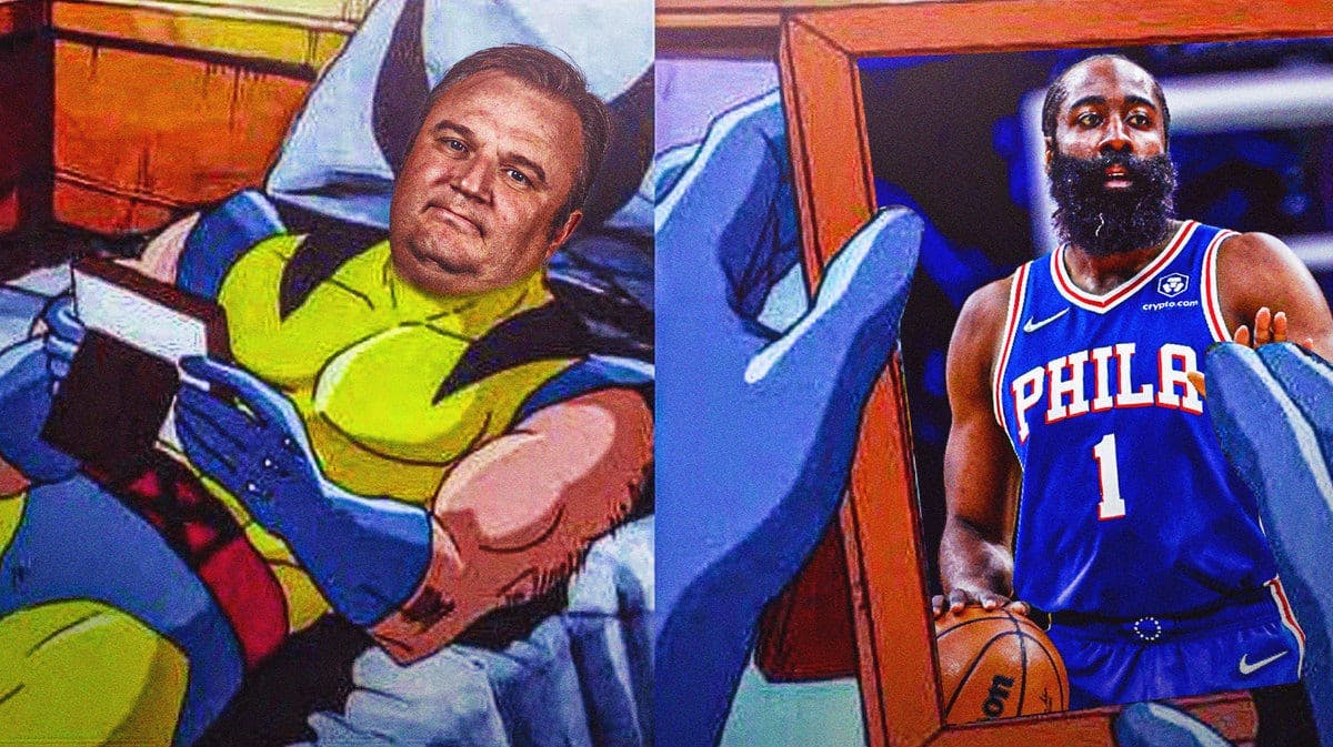Daryl Morey as Wolverine holding a picture of James Harden in a 76ers uniform