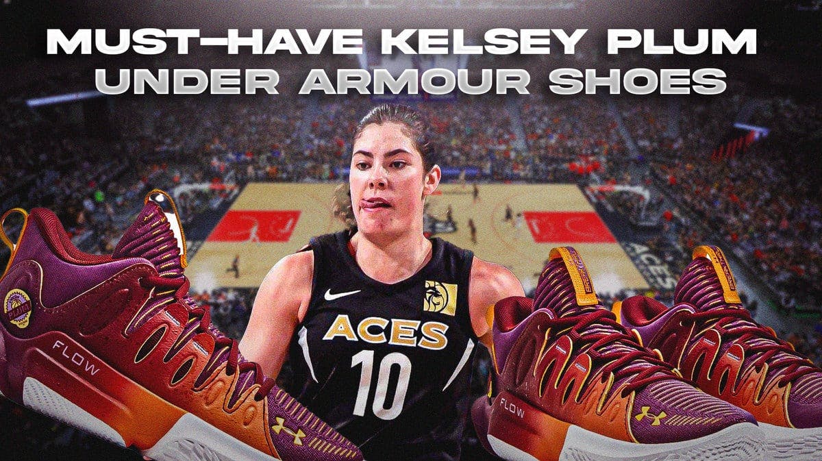 Kelsey Plum next to an image of her new Under Armour shoes.