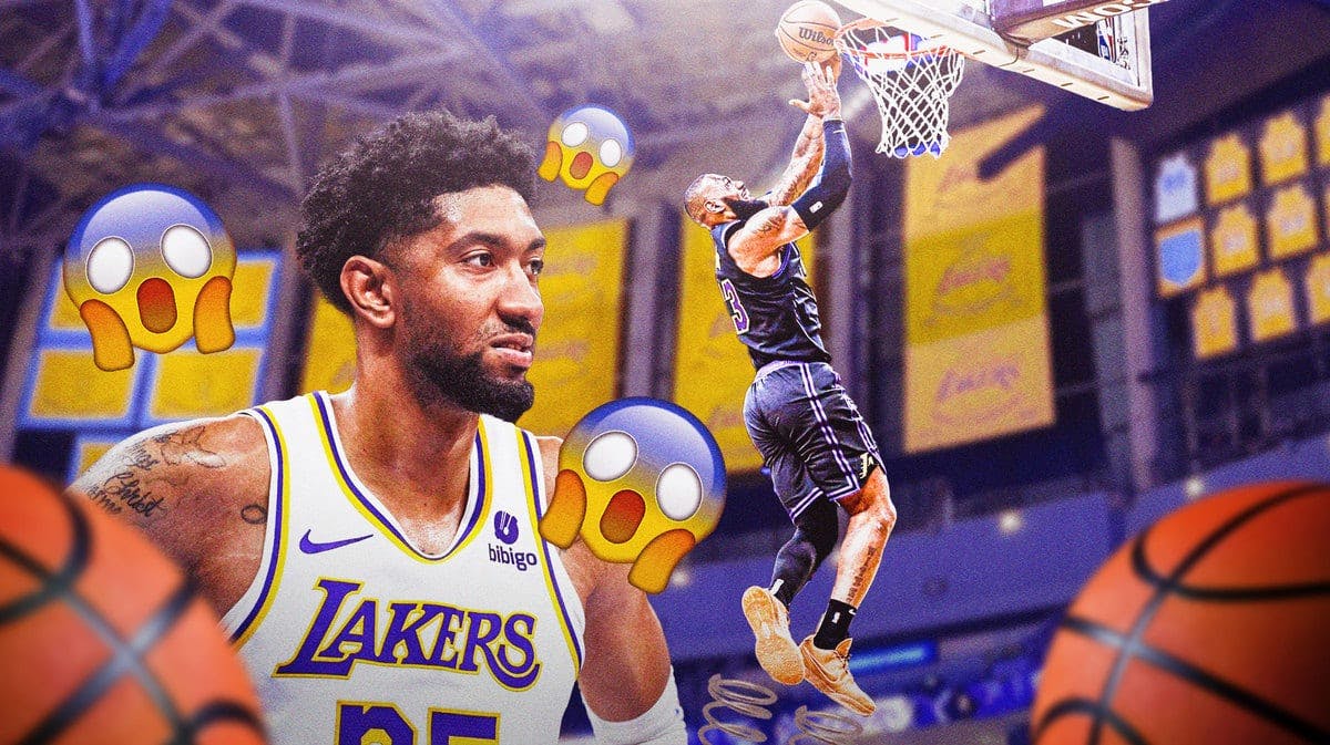 Lakers' LeBron James with springs underneath his shoes while jumping for a dunk, with Christian Wood looking on in surprise, with surprised emojis all over Wood