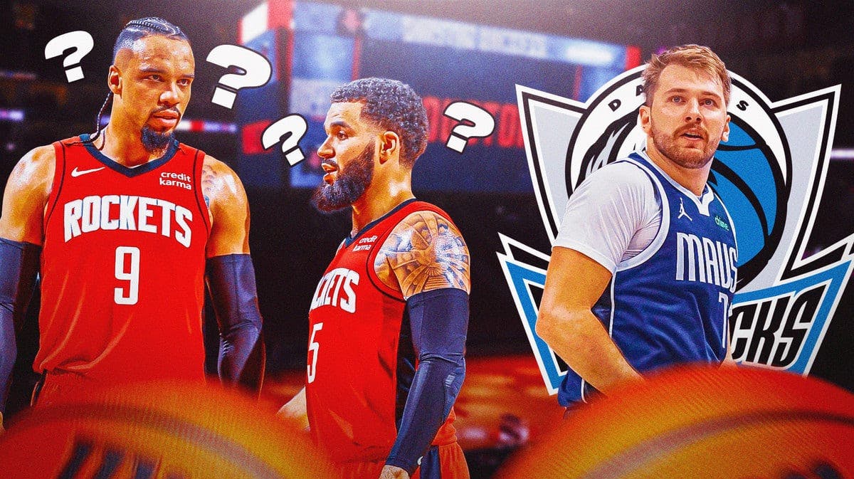 Rockets' Fred VanVleet and Dillon Brooks with question marks next to Mavs' Luka Doncic