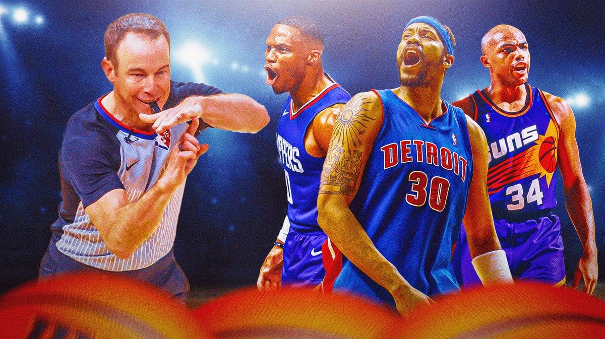 A basketball ref doing the techincal foul signal on one side and on the other is Charles Barkley, Rasheed Wallace, and Russell Westbrook all looking shocked/mad.