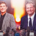 Friends star Matthew Perry next to Zac Efron with city background.