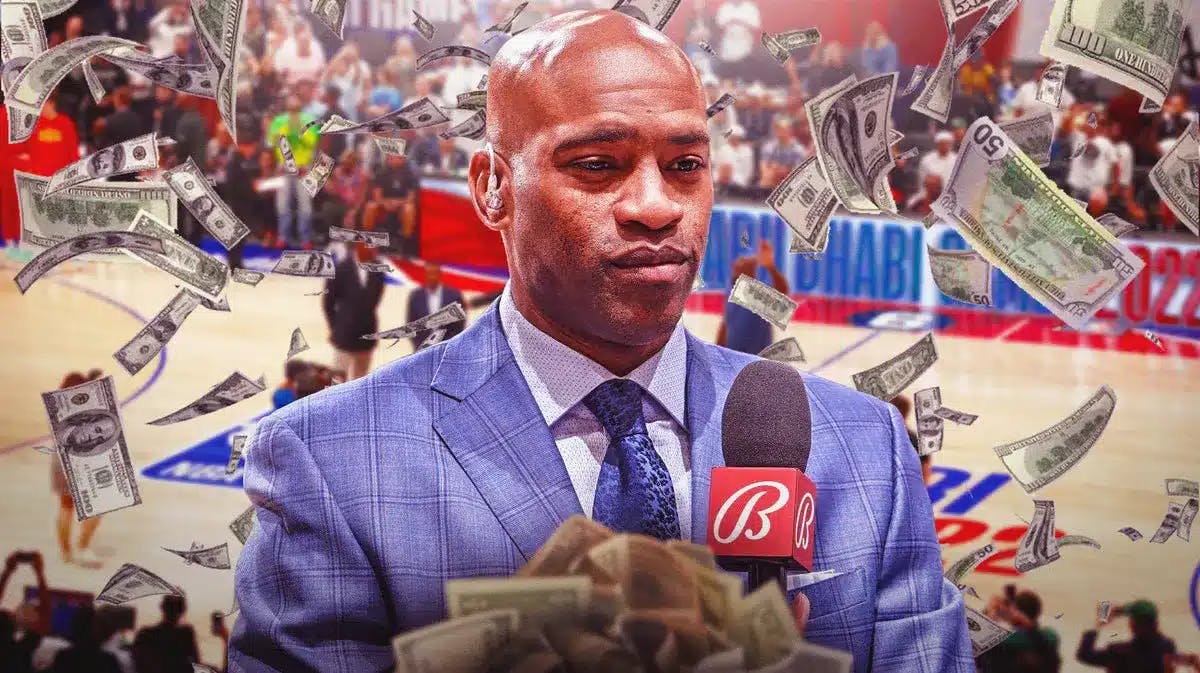 Vince Carter surrounded by piles of cash.