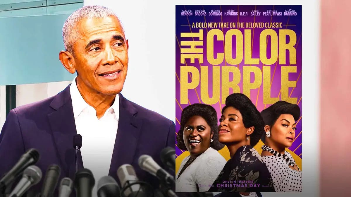 Barack Obama next to The Color Purple poster.