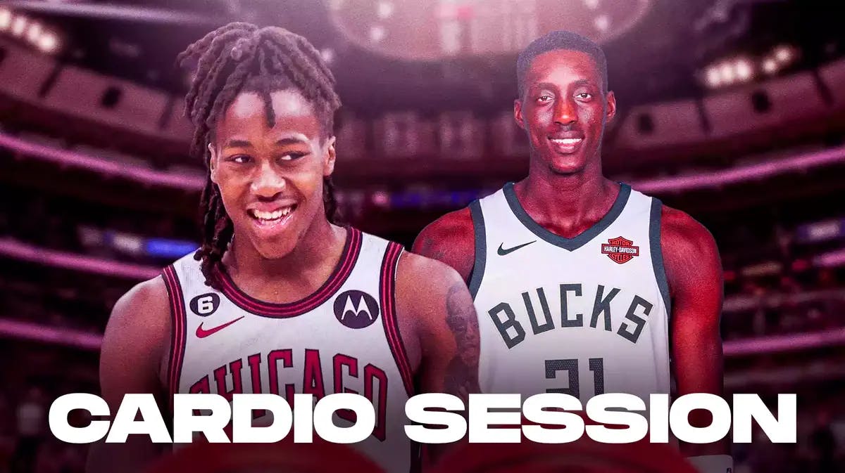 Bulls' Ayo Dosunmu and Bucks' Tony Snell (2017) laughing, with caption: CARDIO SESSION below