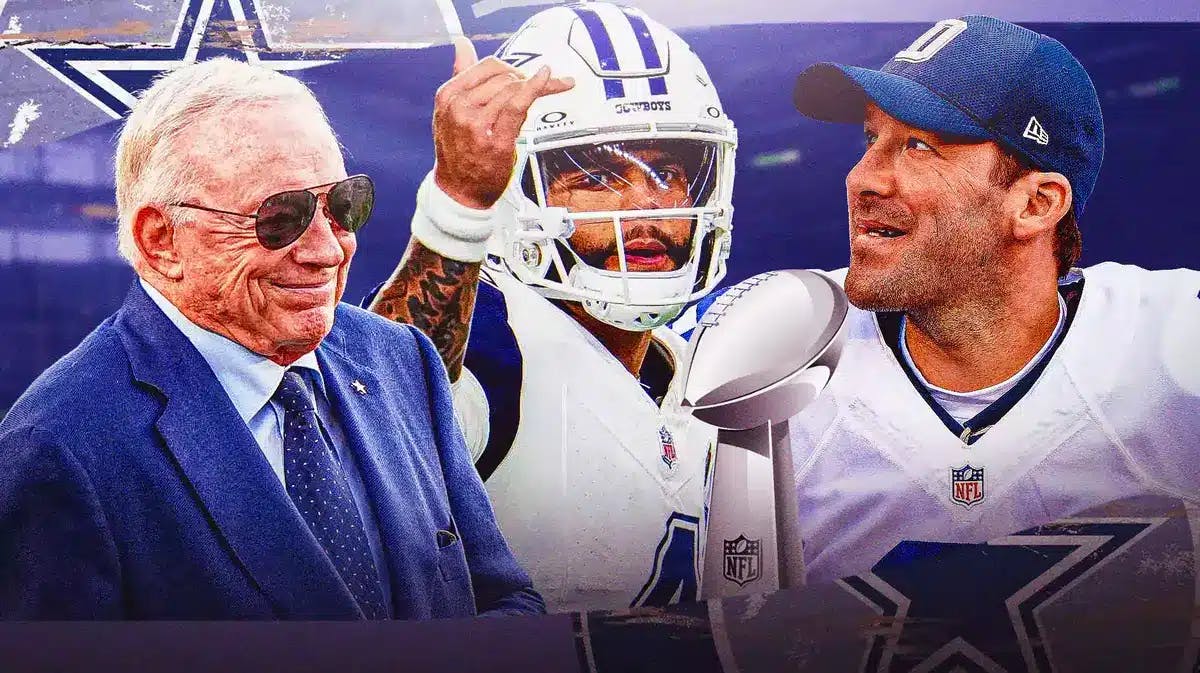 Cowboys Jerry Jones with Tony Romo and Dak Prescott holding the Super Bowl