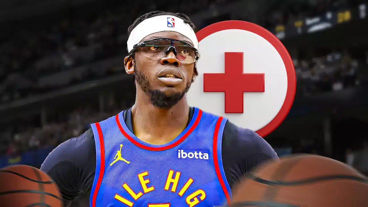 Reggie Jackson with the Nuggets arena in the background, also include an injury/medial red cross