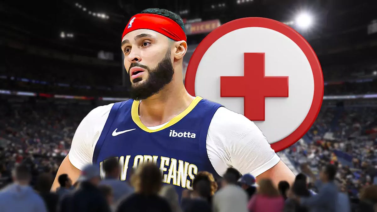 Larry Nance Jr. with the Pelicans arena in the background, also include an injury/medical red cross