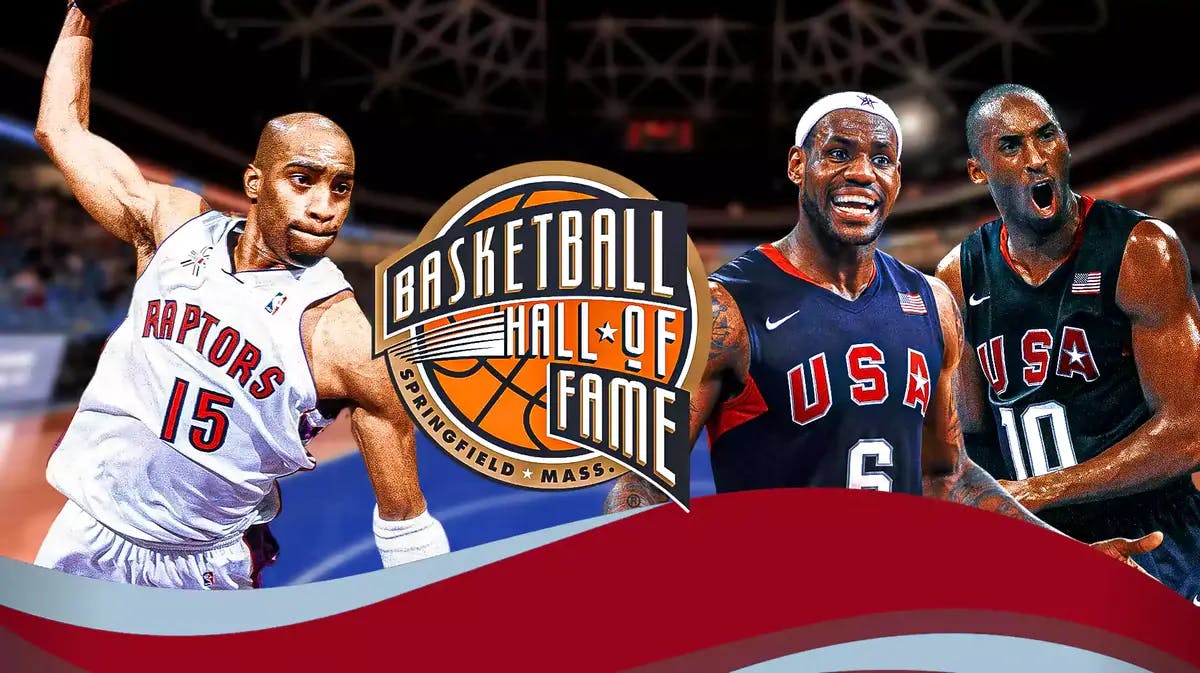 Vince Carter and 2008 Olympics "Redeem Team" of Kobe Bryant and LeBron James with Naismith Hall of Fame logo in the middle