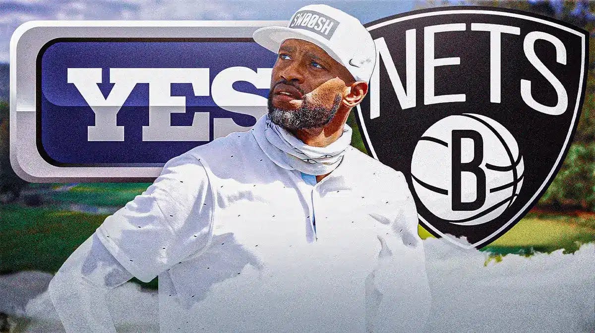 Vince Carter in normal clothes with the YES Network and Brooklyn Nets logos behind him