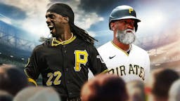 Andrew McCutchen in a Pirates uni (2014 version) hyped up on the left, with McCutchen (aged-up version, like around 80 years old) still wearing a Pirates uni on the right