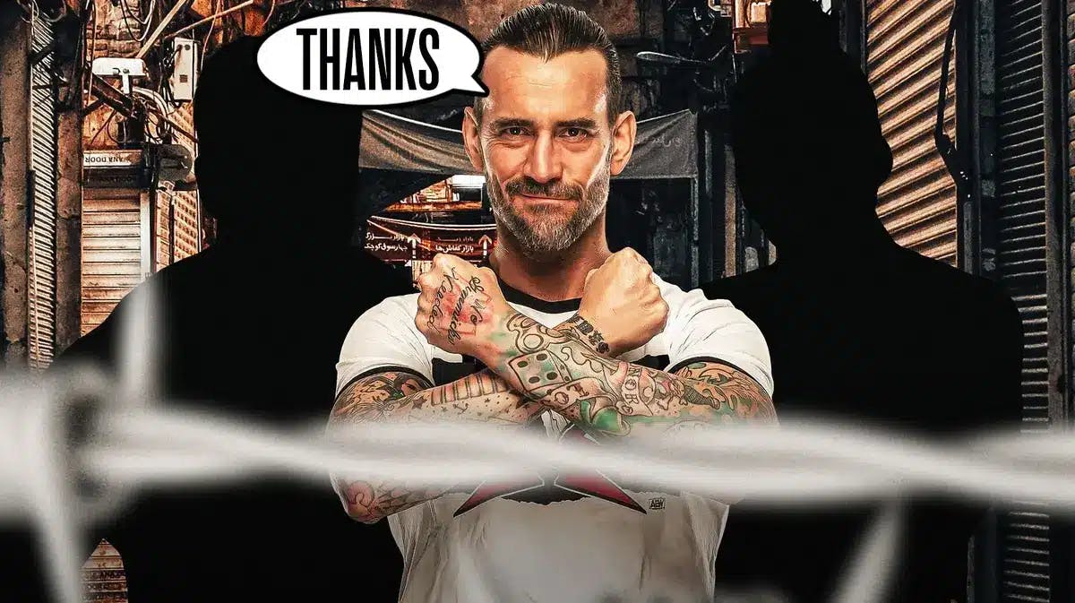 CM Punk with a text bubble reading “Thanks” with the blacked-out silhouette of Eddie Guerrero on his left and the blacked-out silhouette of Rey Mysterio on his right in a wrestling ring.