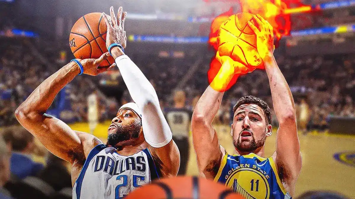 Photo: Klay Thompson shooting a three-pointer in Warriors jersey with basketball on fire, Vince Carter beside him also shooting