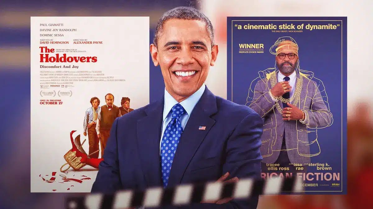 Barack Obama in front of movie posters.