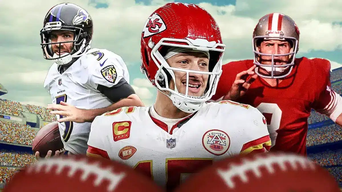 Patrick Mahomes in Chiefs jersey, Joe Flacco in Ravens jersey, Steve Young in 49ers jersey