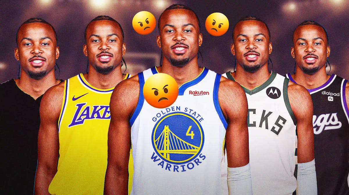 Moses Moody in a Warriors, Lakers, Bucks, Kings, blank jersey and angry face emojis around Warriors jersey