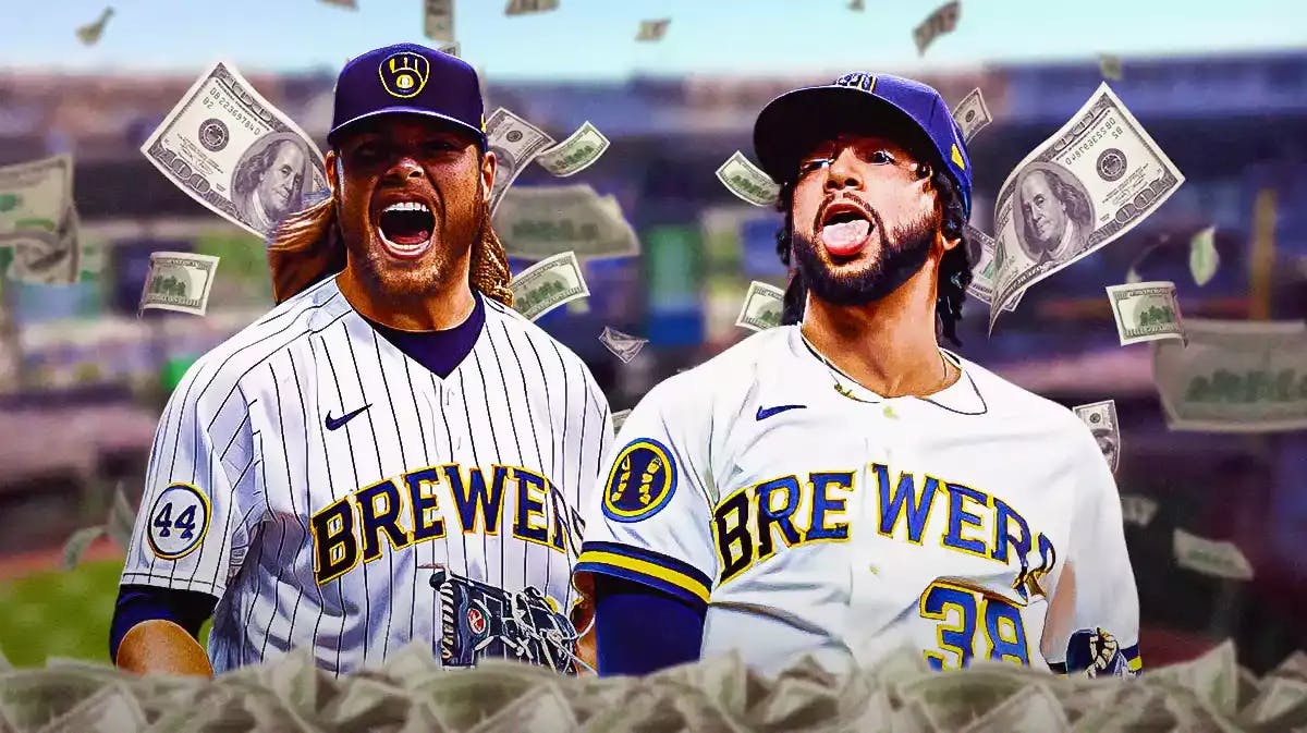Brewers' Corbin Burnes and Devin Williams smiling, with money falling from the sky