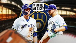 Brewers' Christian Yelich asking Brewers' Corbin Burnes the following question: Who did we sign? Brewers' logo in background.