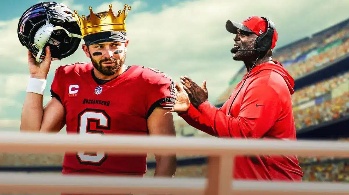 Buccaneers Todd Bowles and Baker Mayfield after NFL Playoffs win over Eagles