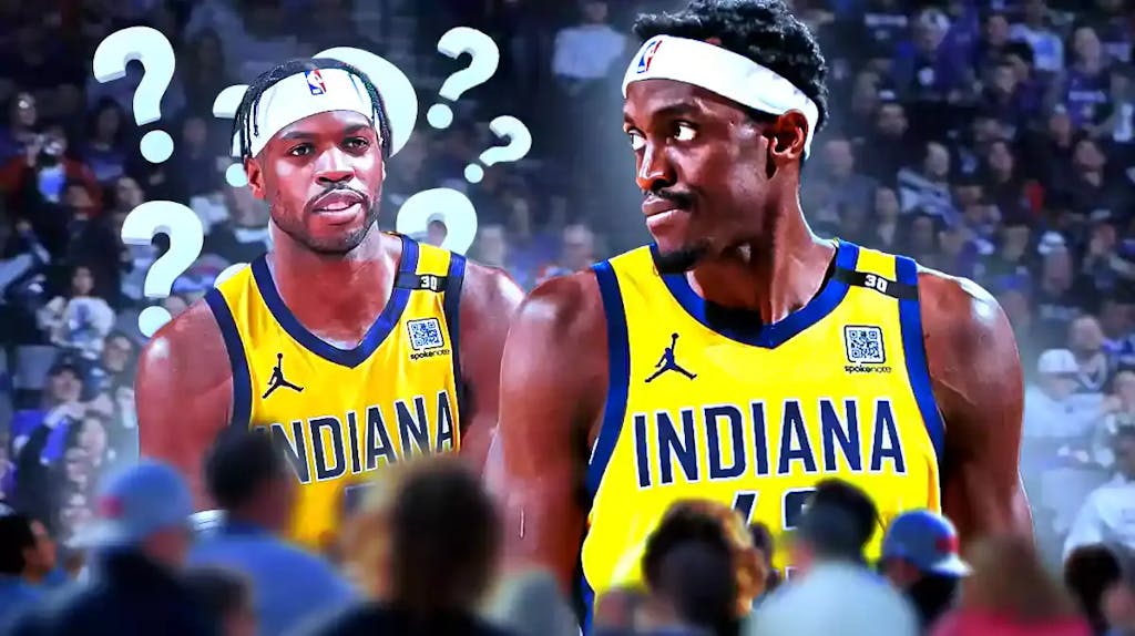 Pacers player Pascal Siakam and then Buddy Hield with question marks swirling around.