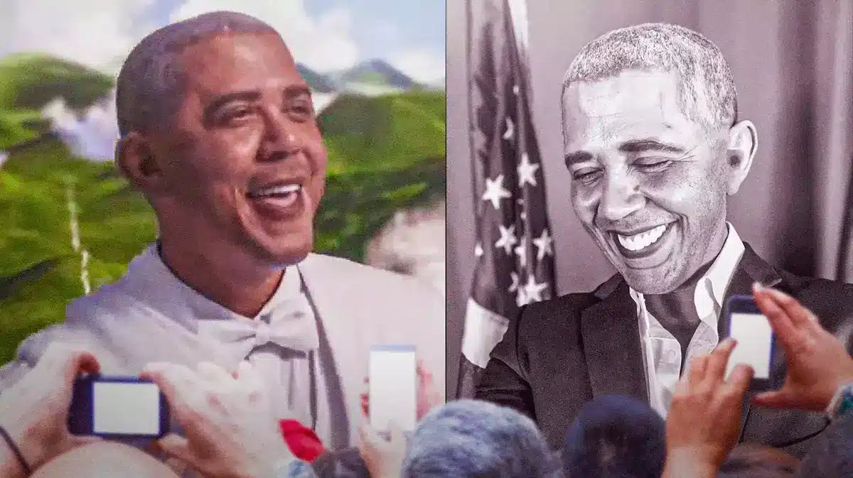 Split screen pic – on one side, a still of Obama impersonator Reggie Brown from the teaser trailer for Lil Nas X's new music video 'J Christ'; and on other side, a pic of Reggie Brown posing as Obama from his website