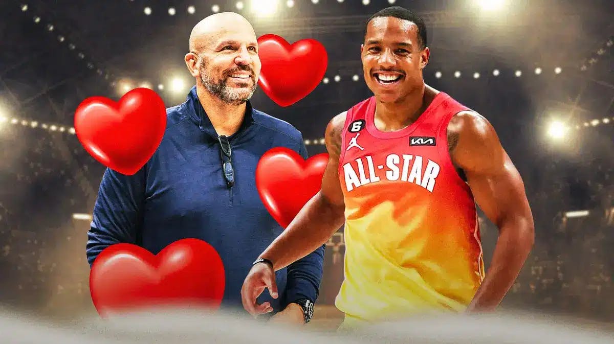 Grizzlies' Desmond Bane wearing 2023 All-Star uniforms, with the 2024 Indianapolis All-Star logo behind him, with Mavericks head coach Jason Kidd smiling at Bane with plenty of hearts around him