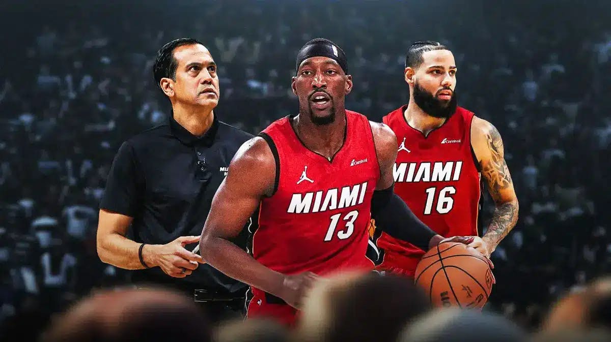 Miami Heat stars Bam Adebayo, Caleb Martin, and head coach Erik Spoelstra in front of the Kaseya Center.
