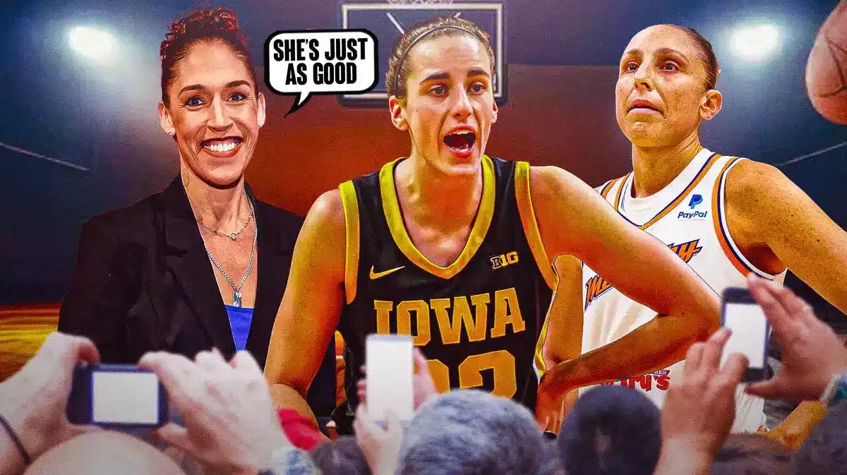 Iowa women’s basketball player Caitlin Clark and WNBA player Diana Taurasi, with ESPN basketball analyst Rebecca Lobo off the side with a speech bubble saying “She’s just as good”